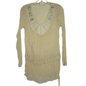 Mingle Sheer Crinkled Silk Tunic Top Embellished Neckline Tie Drop Waist